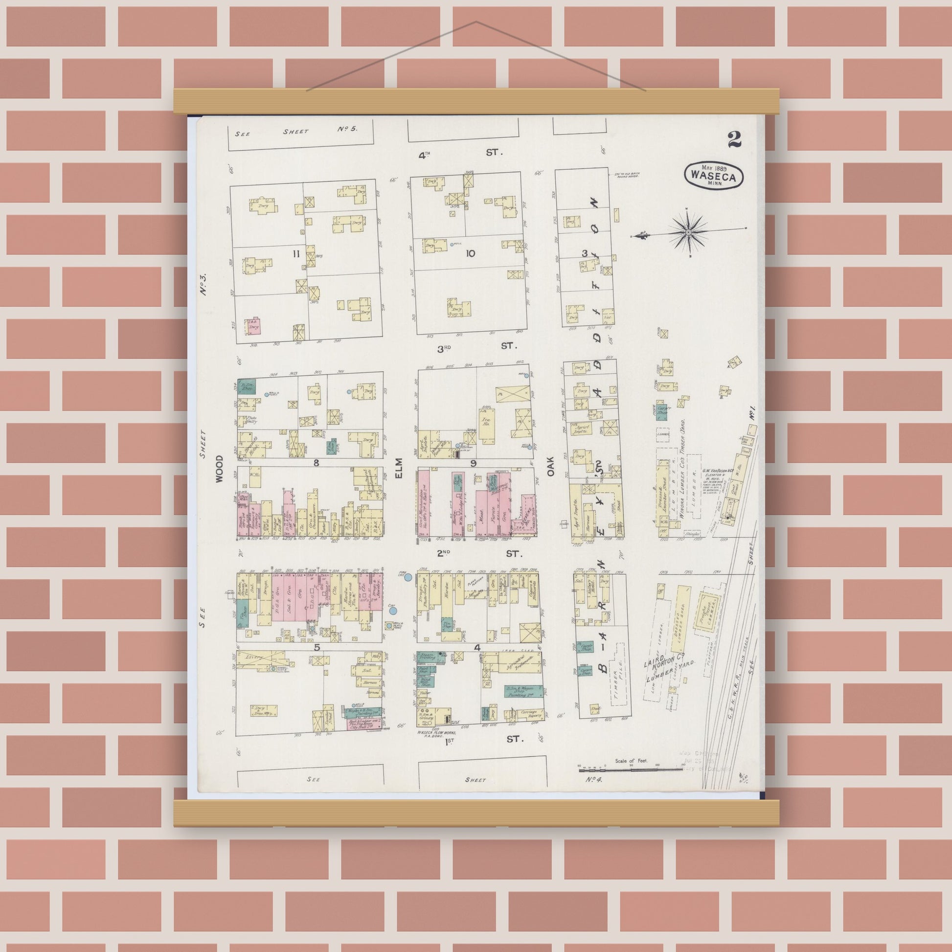 Old map wall art mockup — magnetic wood frame on brick wall — Sanborn Fire Insurance Map from Waseca, Waseca County, Minnesota (1889), Sheet #0002