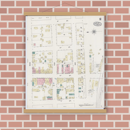 Old map wall art mockup — magnetic wood frame on brick wall — Sanborn Fire Insurance Map from Waseca, Waseca County, Minnesota (1889), Sheet #0002