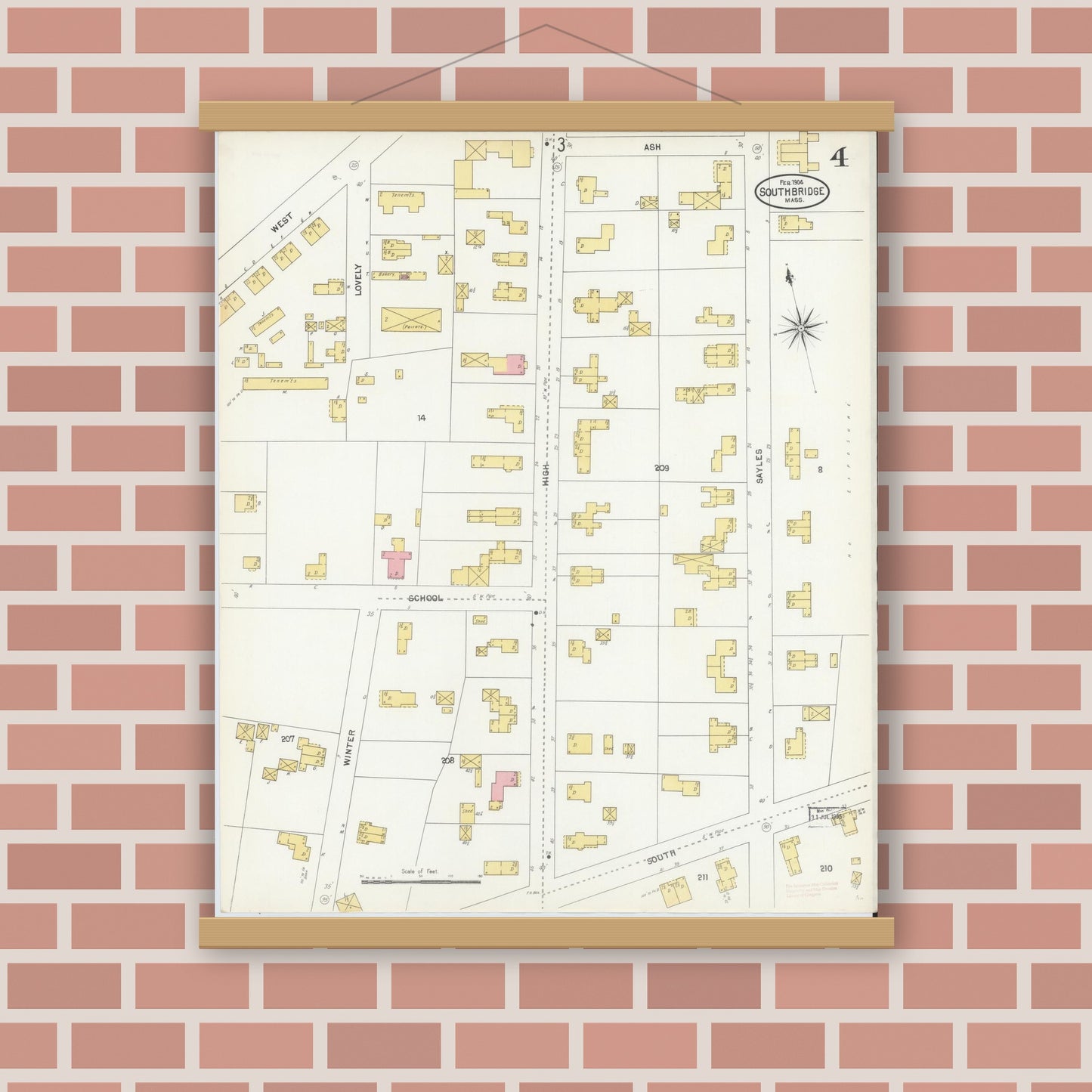 Old map wall art mockup — magnetic wood frame on brick wall — Sanborn Fire Insurance Map from Southbridge, Worcester County, Massachusetts (1904), Sheet #0004