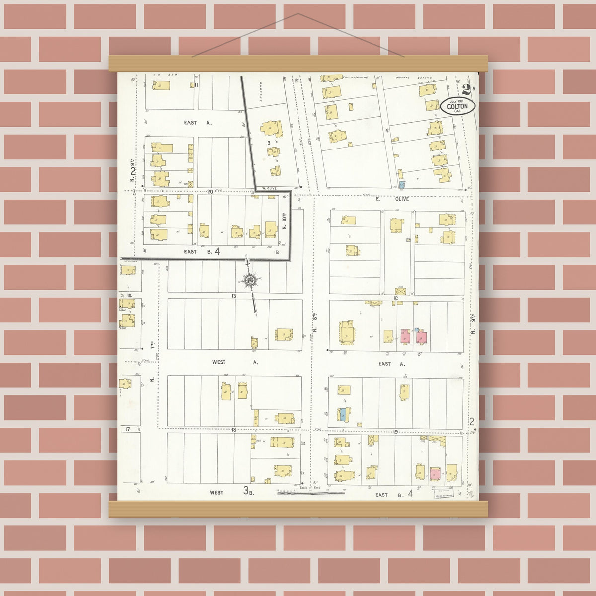 Old map wall art mockup — magnetic wood frame on brick wall — Sanborn Fire Insurance Map from Colton, San Bernardino County, California (1911), Sheet #0002