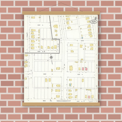 Old map wall art mockup — magnetic wood frame on brick wall — Sanborn Fire Insurance Map from Colton, San Bernardino County, California (1911), Sheet #0002