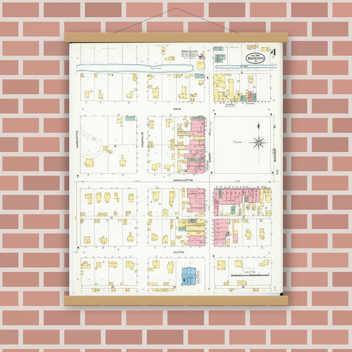 Old map wall art mockup — magnetic wood frame on brick wall — Sanborn Fire Insurance Map from Marengo, Iowa County, Iowa (1906), Sheet #0004