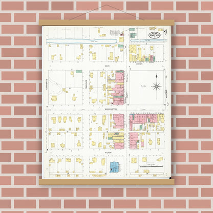 Old map wall art mockup — magnetic wood frame on brick wall — Sanborn Fire Insurance Map from Marengo, Iowa County, Iowa (1906), Sheet #0004
