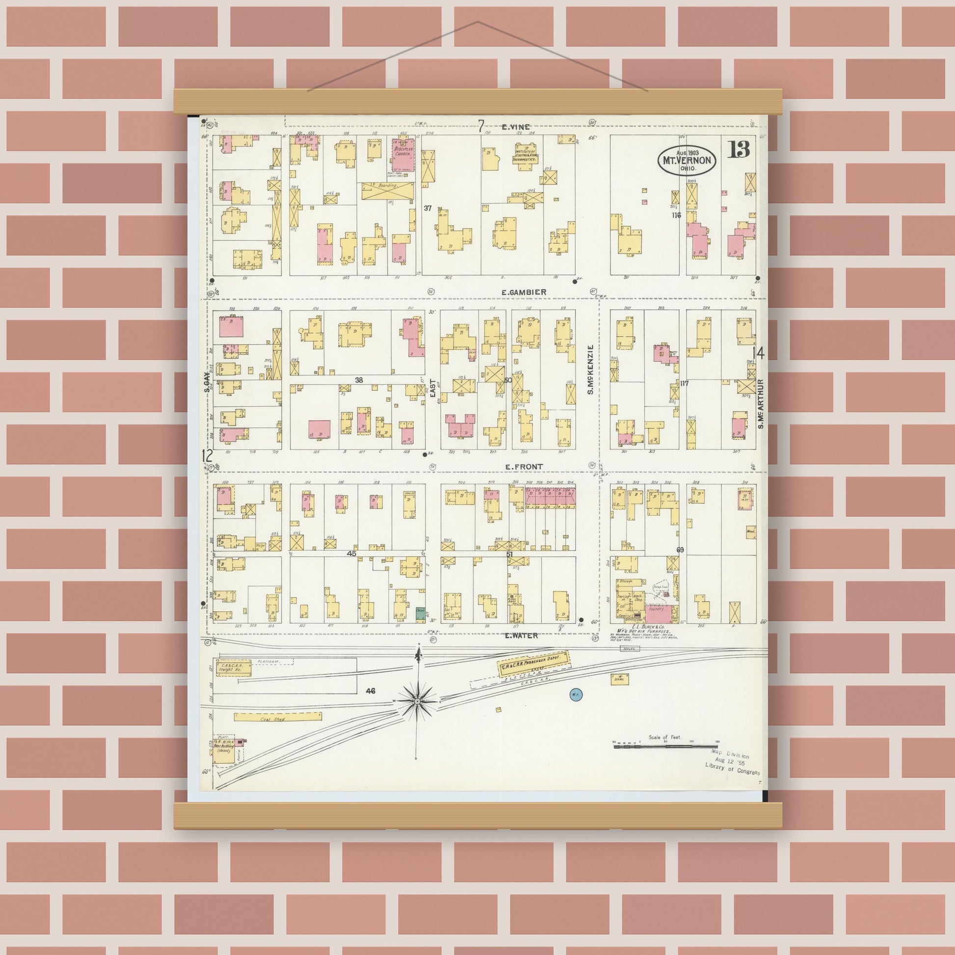 Old map wall art mockup — magnetic wood frame on brick wall — Sanborn Fire Insurance Map from Mount Vernon, Knox County, Ohio (1903), Sheet #0013