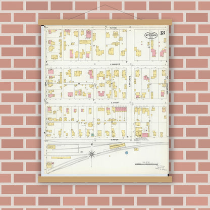 Old map wall art mockup — magnetic wood frame on brick wall — Sanborn Fire Insurance Map from Mount Vernon, Knox County, Ohio (1903), Sheet #0013