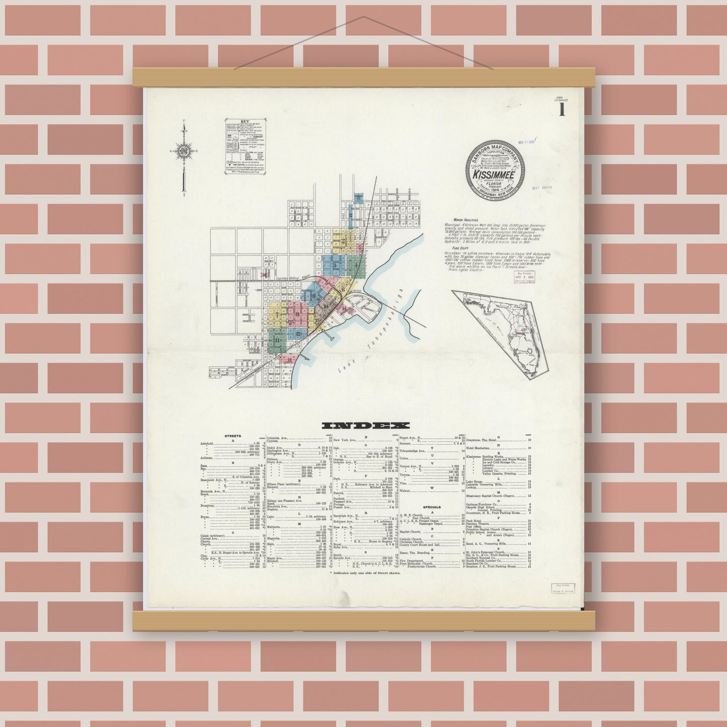 Old map wall art mockup — magnetic wood frame on brick wall — Sanborn Fire Insurance Map from Kissimmee, Osceola County, Florida (1914) - Complete Map Set