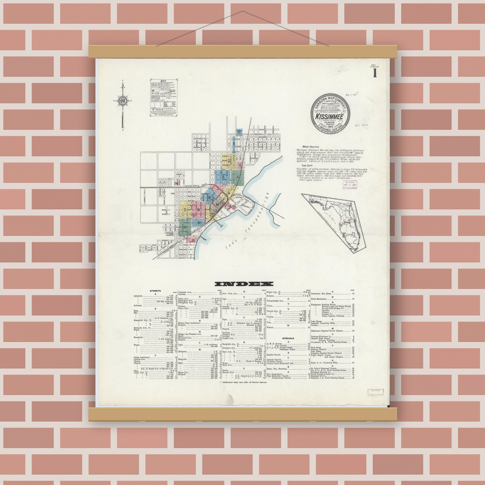 Old map wall art mockup — magnetic wood frame on brick wall — Sanborn Fire Insurance Map from Kissimmee, Osceola County, Florida (1914) - Complete Map Set