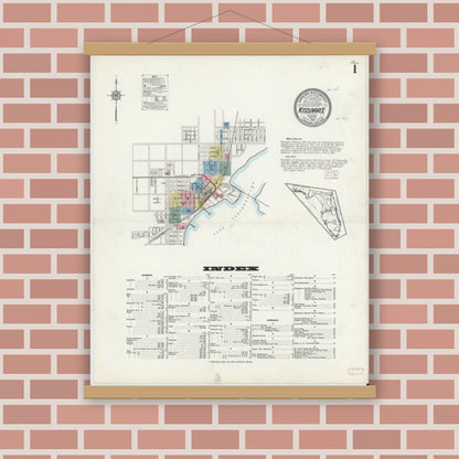 Old map wall art mockup — magnetic wood frame on brick wall — Sanborn Fire Insurance Map from Kissimmee, Osceola County, Florida (1914) - Complete Map Set