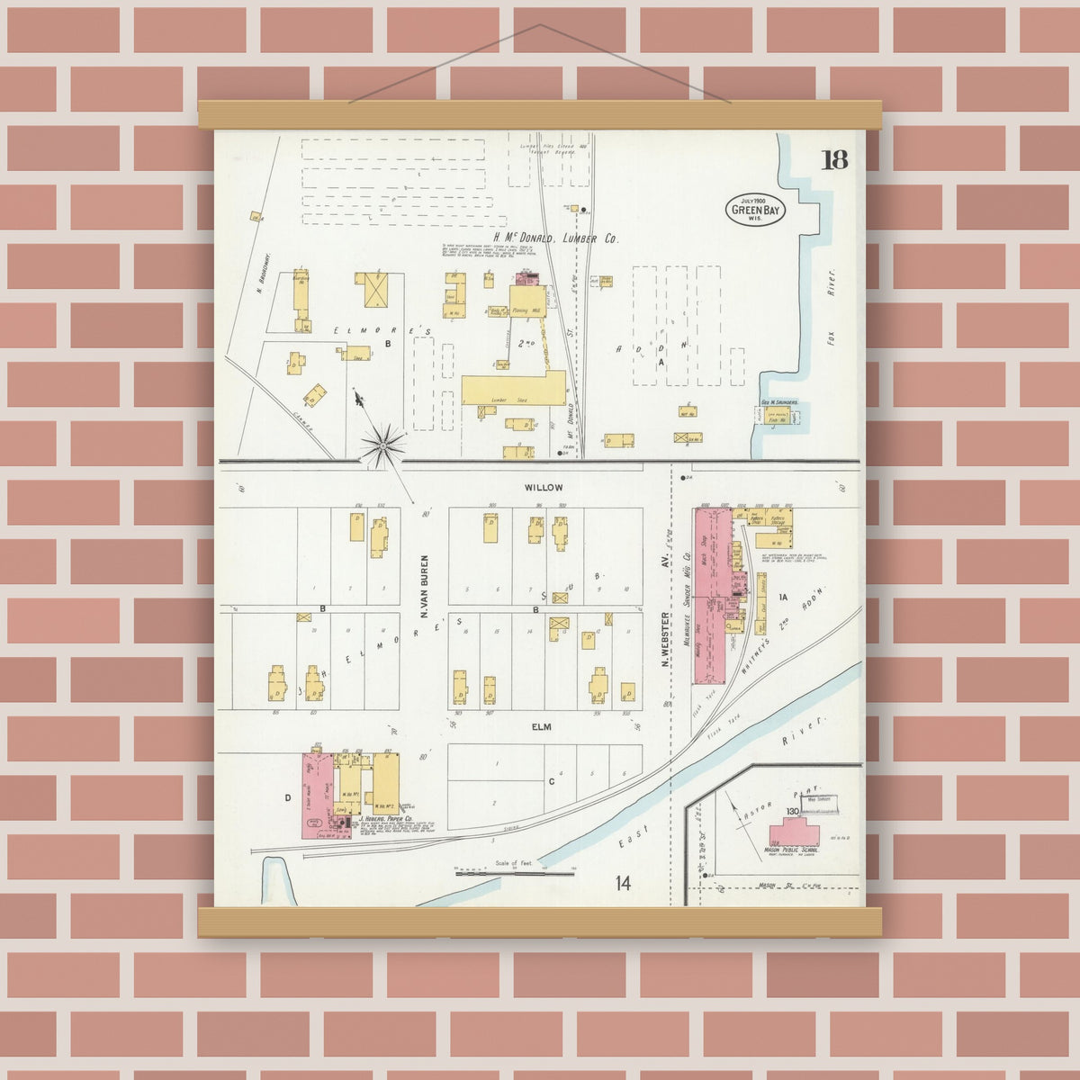 Old map wall art mockup — magnetic wood frame on brick wall — Sanborn Fire Insurance Map from Green Bay, Brown County, Wisconsin (1900), Sheet #0018