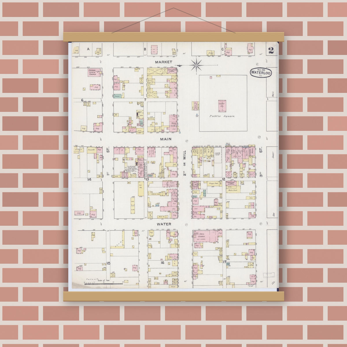 Old map wall art mockup — magnetic wood frame on brick wall — Sanborn Fire Insurance Map from Waterloo, Monroe County, Illinois (1888), Sheet #0002