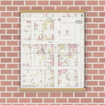 Old map wall art mockup — magnetic wood frame on brick wall — Sanborn Fire Insurance Map from Waterloo, Monroe County, Illinois (1888), Sheet #0002