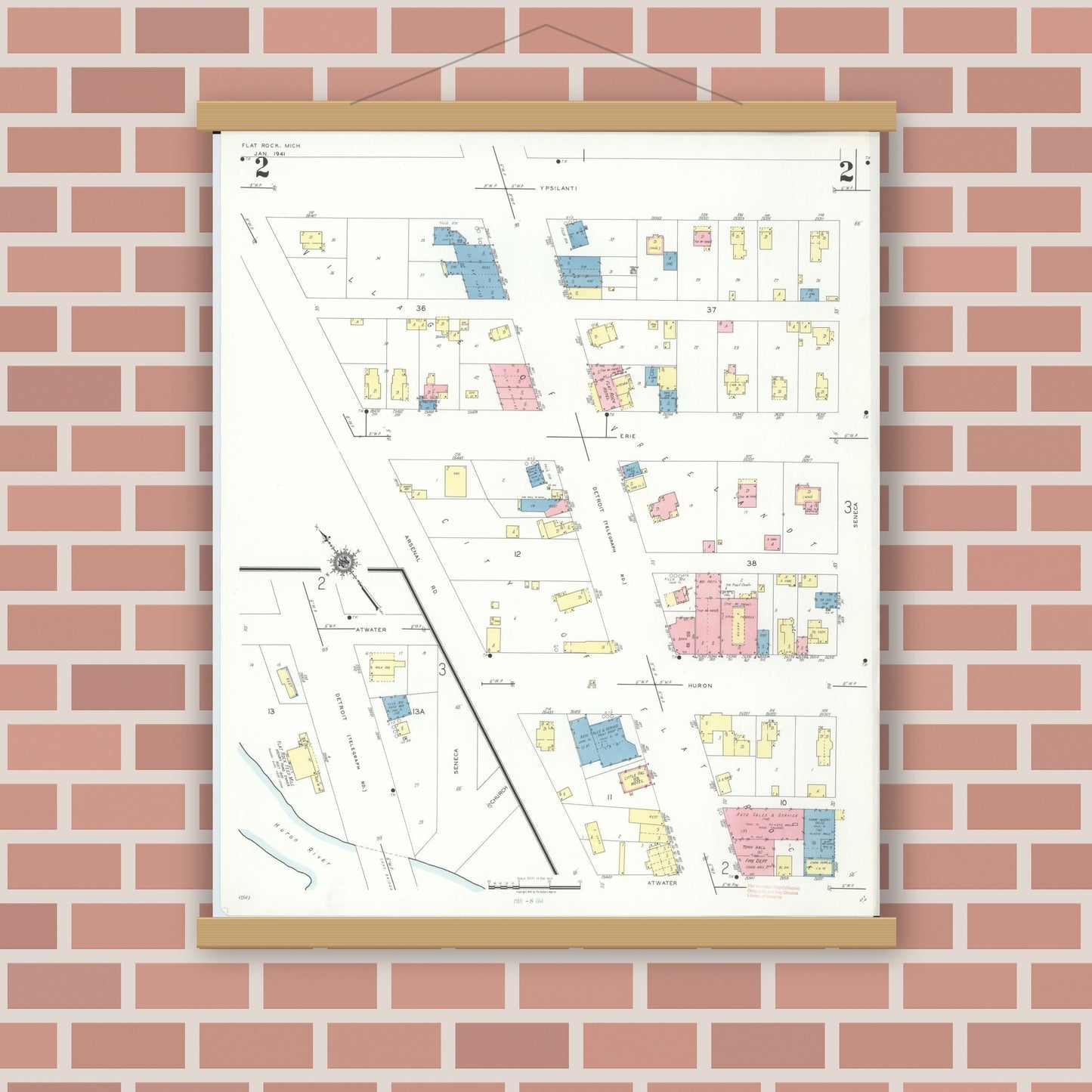 Old map wall art mockup — magnetic wood frame on brick wall — Sanborn Fire Insurance Map from Flat Rock, Wayne County, Michigan (1941), Sheet #0002
