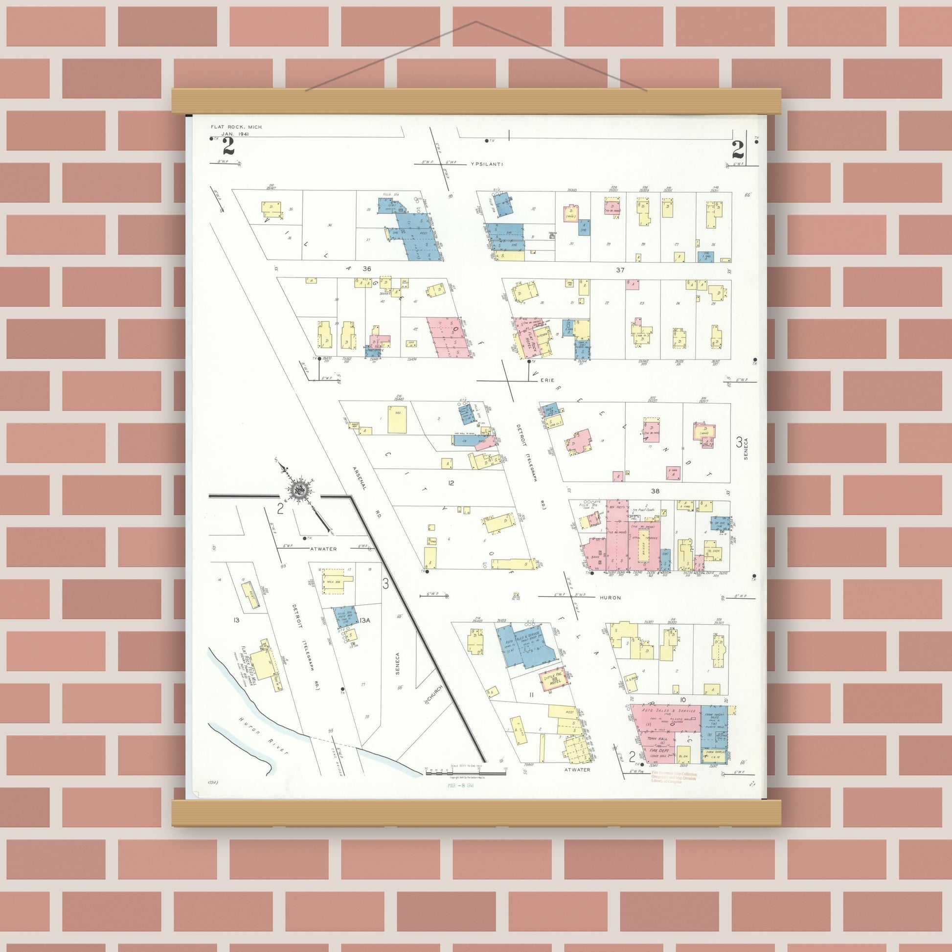 Old map wall art mockup — magnetic wood frame on brick wall — Sanborn Fire Insurance Map from Flat Rock, Wayne County, Michigan (1941), Sheet #0002