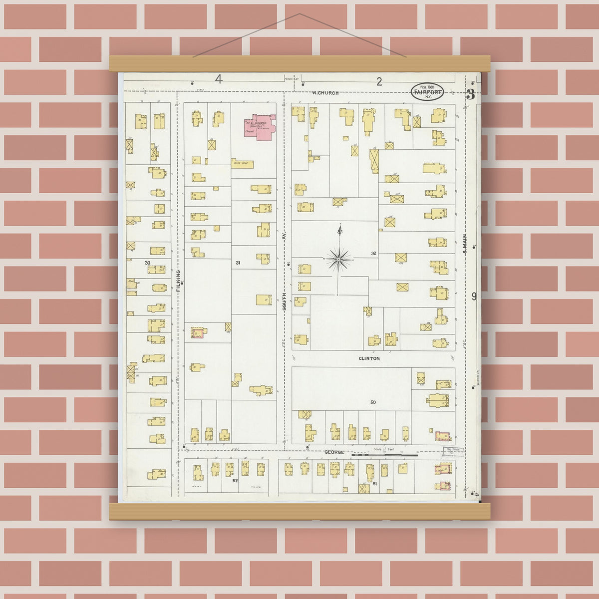 Old map wall art mockup — magnetic wood frame on brick wall — Sanborn Fire Insurance Map from Fairport, Monroe County, New York (1905), Sheet #0003