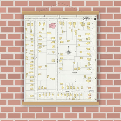 Old map wall art mockup — magnetic wood frame on brick wall — Sanborn Fire Insurance Map from Fairport, Monroe County, New York (1905), Sheet #0003