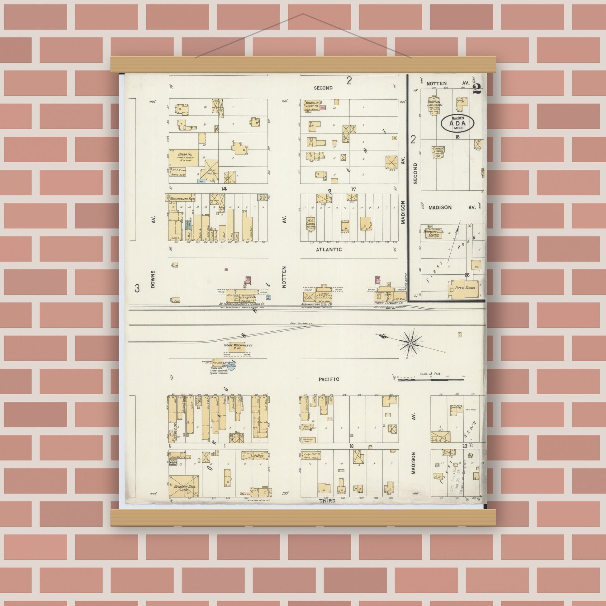 Old map wall art mockup — magnetic wood frame on brick wall — Sanborn Fire Insurance Map from Ada, Norman County, Minnesota (1899), Sheet #0002