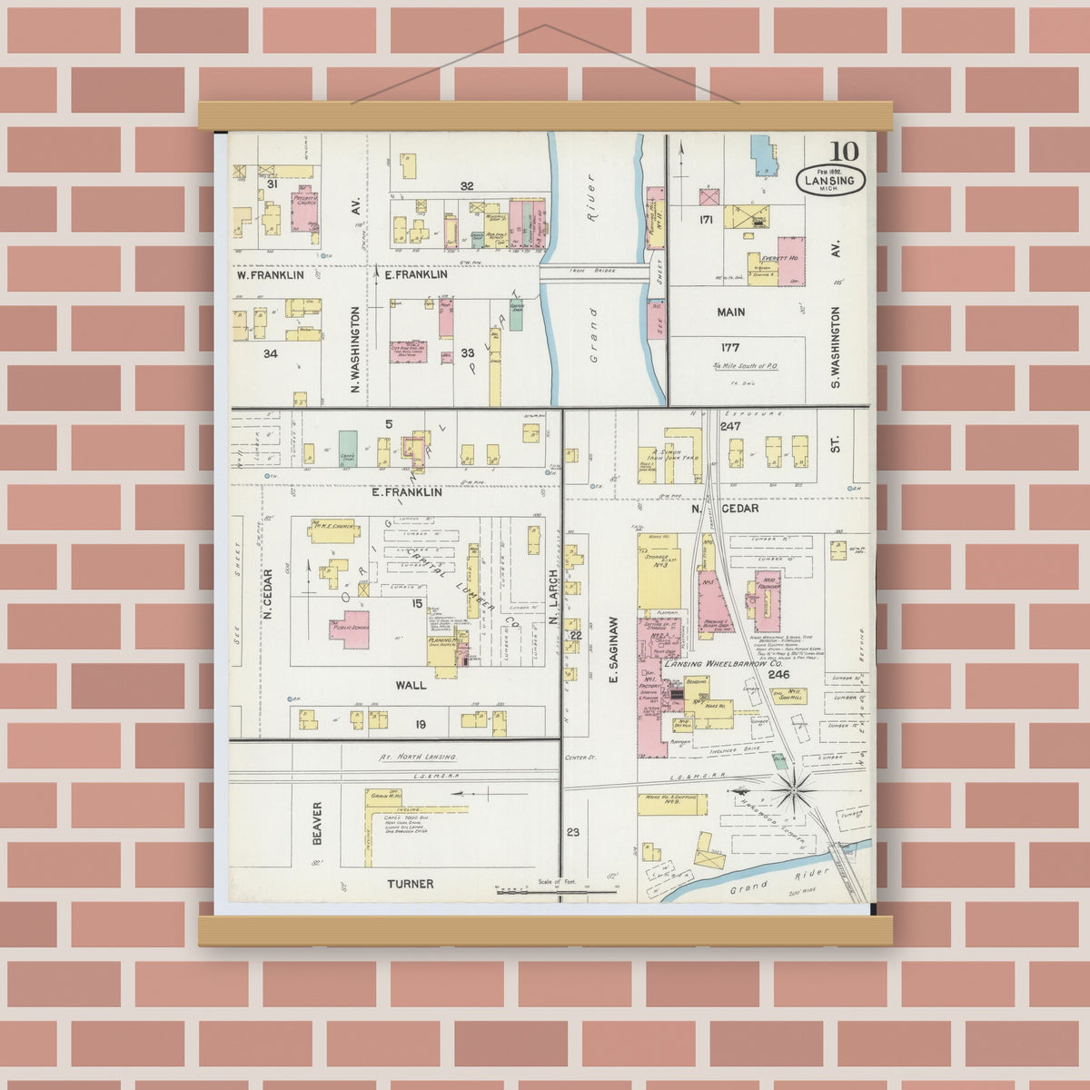 Old map wall art mockup — magnetic wood frame on brick wall — Sanborn Fire Insurance Map from Lansing, Ingham County, Michigan (1892), Sheet #0010