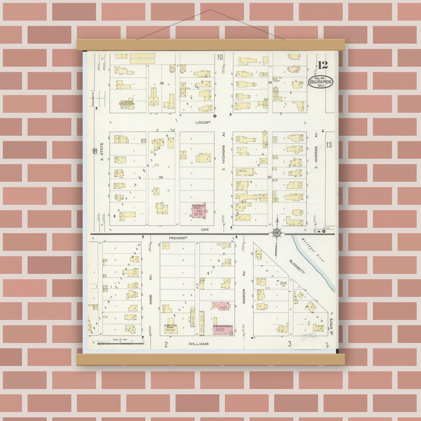 Old map wall art mockup — magnetic wood frame on brick wall — Sanborn Fire Insurance Map from Big Rapids, Mecosta County, Michigan (1914), Sheet #0012