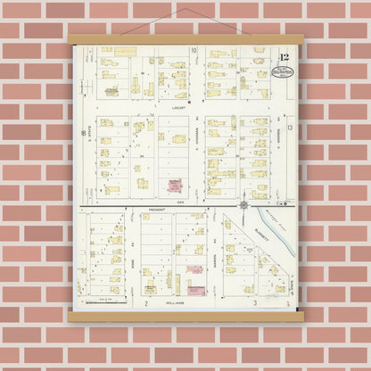 Old map wall art mockup — magnetic wood frame on brick wall — Sanborn Fire Insurance Map from Big Rapids, Mecosta County, Michigan (1914), Sheet #0012