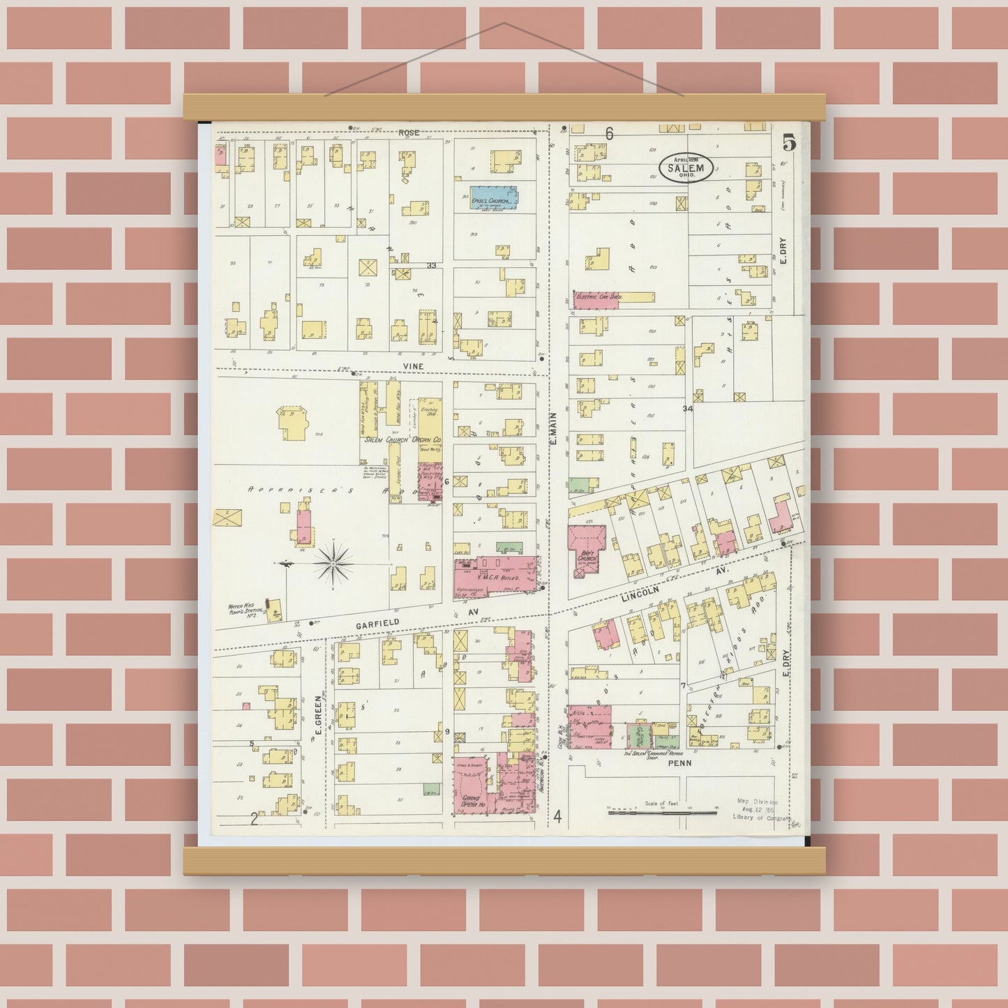 Old map wall art mockup — magnetic wood frame on brick wall — Sanborn Fire Insurance Map from Salem, Columbiana County, Ohio (1898), Sheet #0005