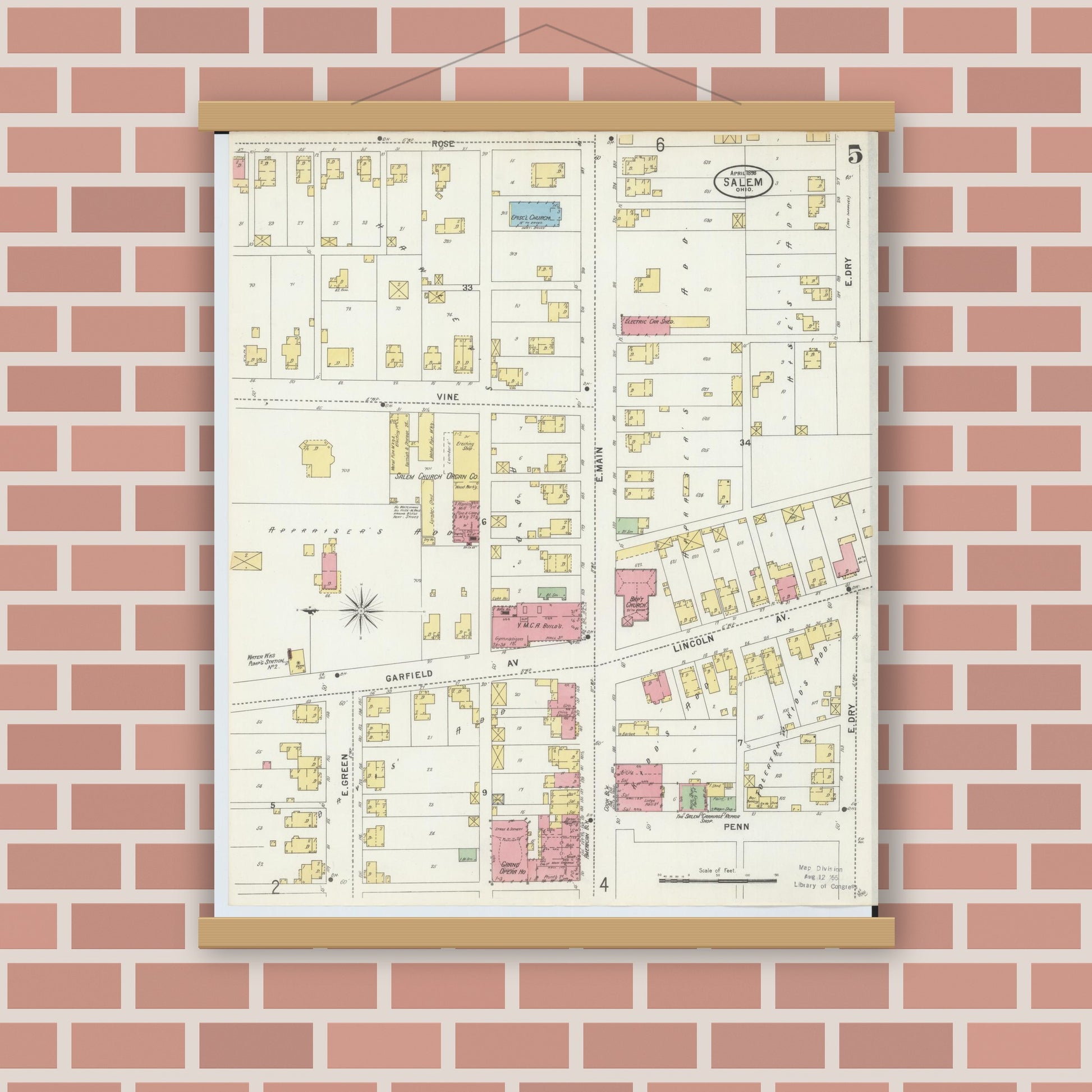 Old map wall art mockup — magnetic wood frame on brick wall — Sanborn Fire Insurance Map from Salem, Columbiana County, Ohio (1898), Sheet #0005