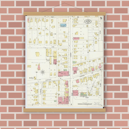 Old map wall art mockup — magnetic wood frame on brick wall — Sanborn Fire Insurance Map from Salem, Columbiana County, Ohio (1898), Sheet #0005