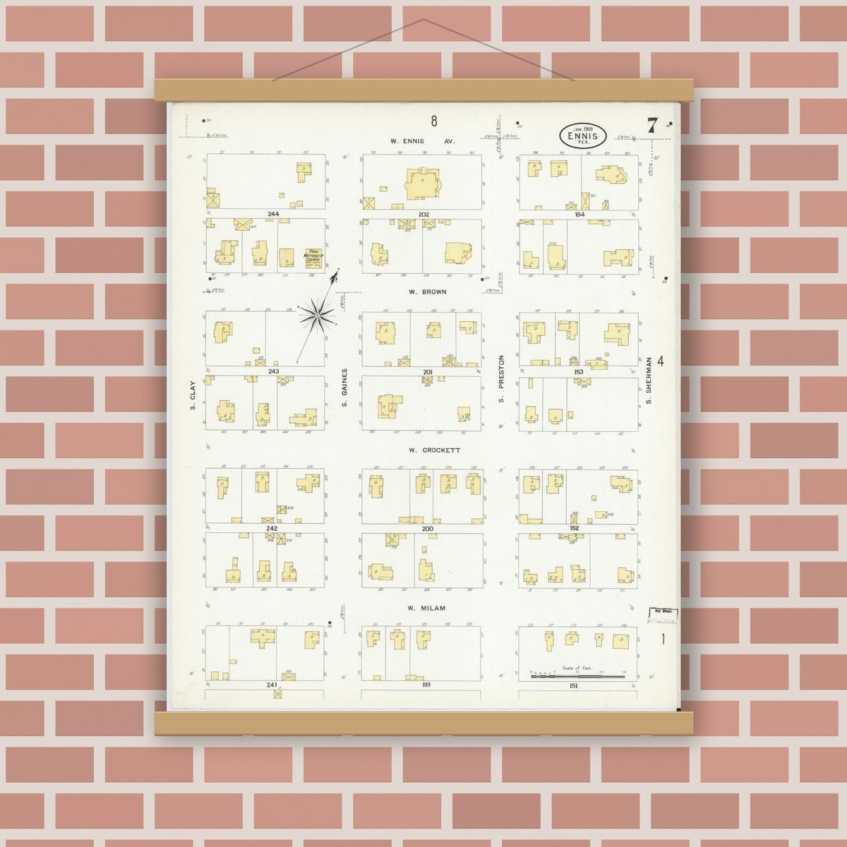 Old map wall art mockup — magnetic wood frame on brick wall — Sanborn Fire Insurance Map from Ennis, Ellis County, Texas (1909), Sheet #0007