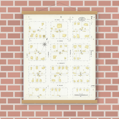 Old map wall art mockup — magnetic wood frame on brick wall — Sanborn Fire Insurance Map from Ennis, Ellis County, Texas (1909), Sheet #0007