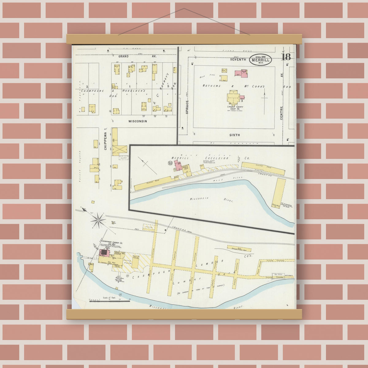 Old map wall art mockup — magnetic wood frame on brick wall — Sanborn Fire Insurance Map from Merrill, Lincoln County, Wisconsin (1898), Sheet #0018