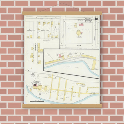 Old map wall art mockup — magnetic wood frame on brick wall — Sanborn Fire Insurance Map from Merrill, Lincoln County, Wisconsin (1898), Sheet #0018
