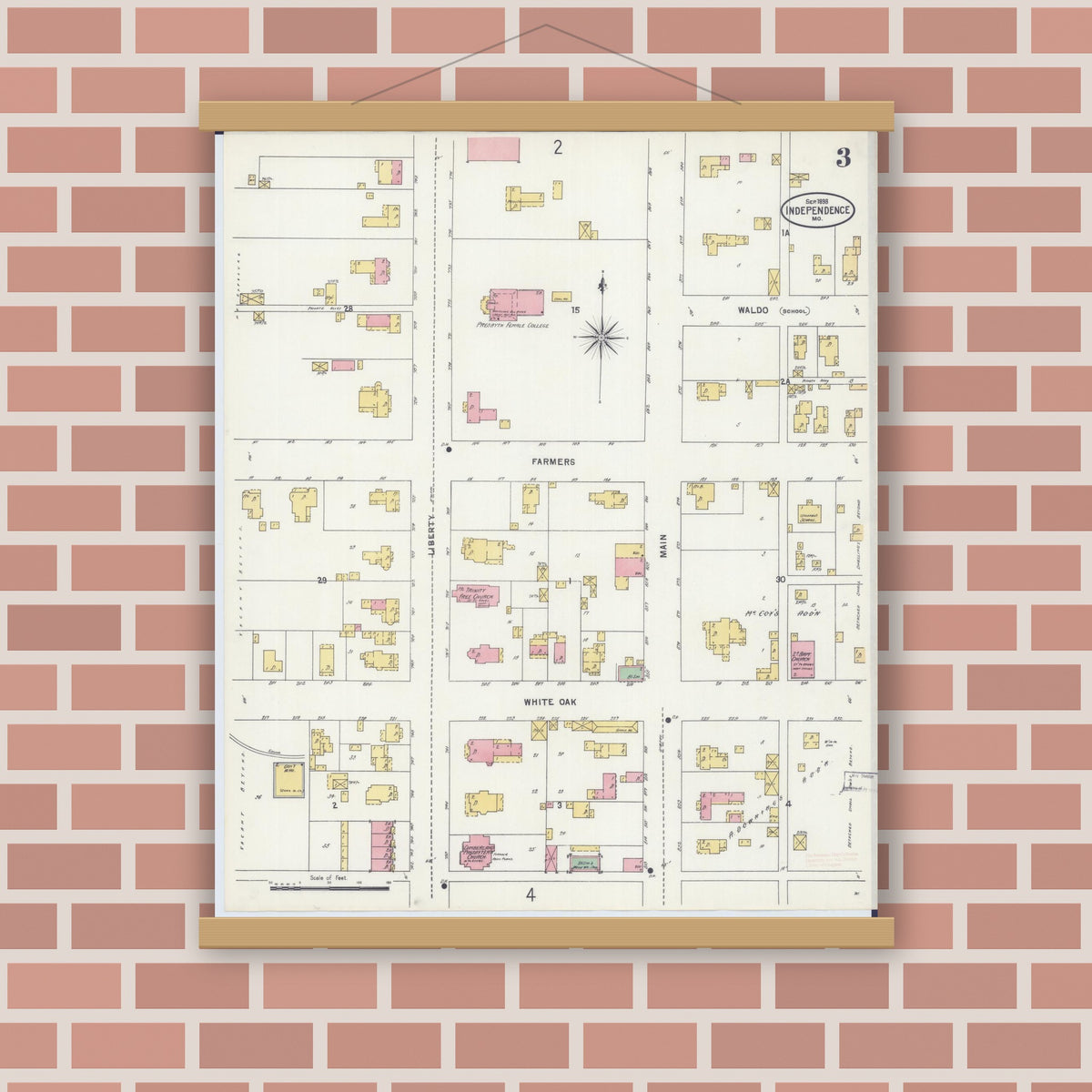Old map wall art mockup — magnetic wood frame on brick wall — Sanborn Fire Insurance Map from Independence, Jackson County, Missouri (1898), Sheet #0003