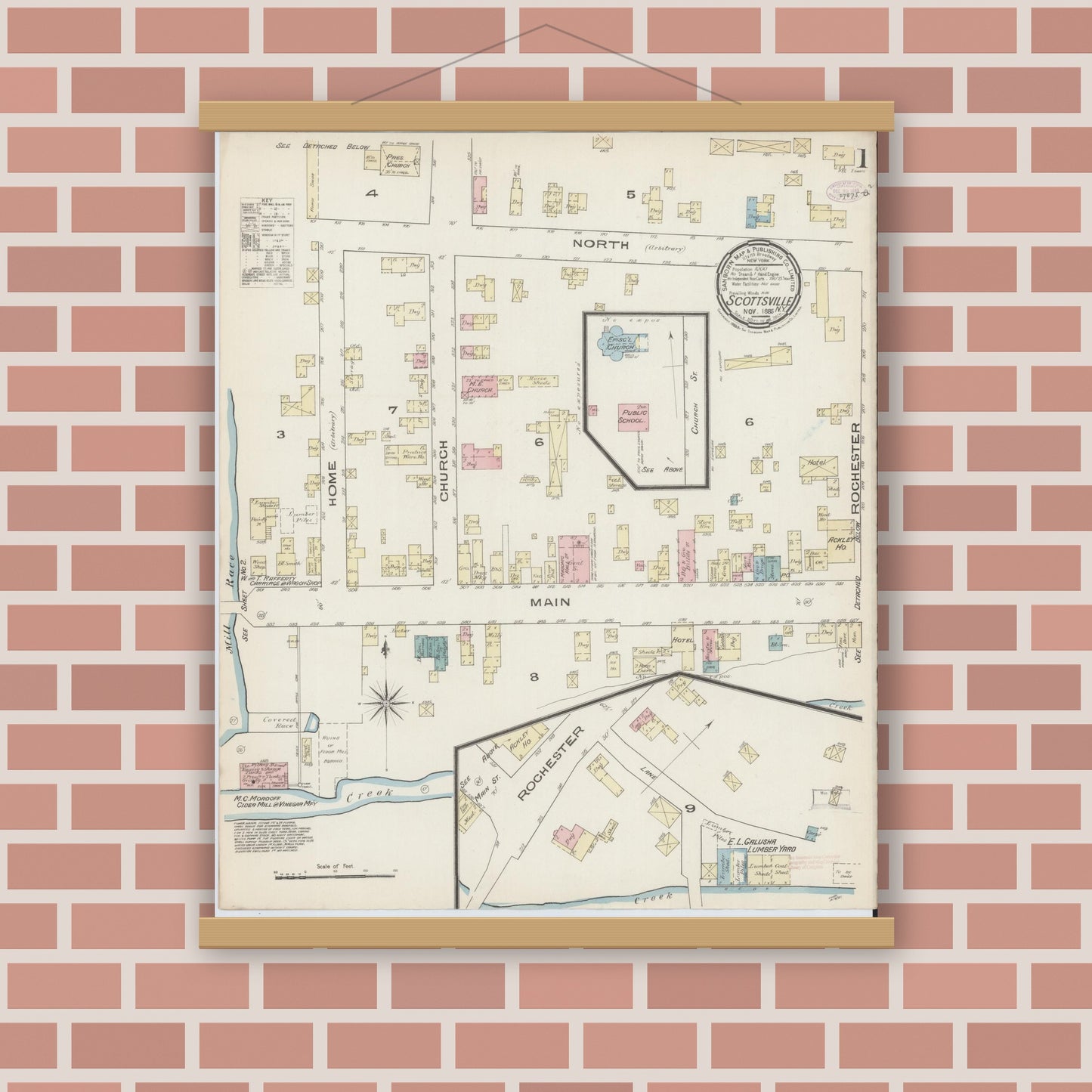 Old map wall art mockup — magnetic wood frame on brick wall — Sanborn Fire Insurance Map from Scottsville, Monroe County, New York (1885), Sheet #0001