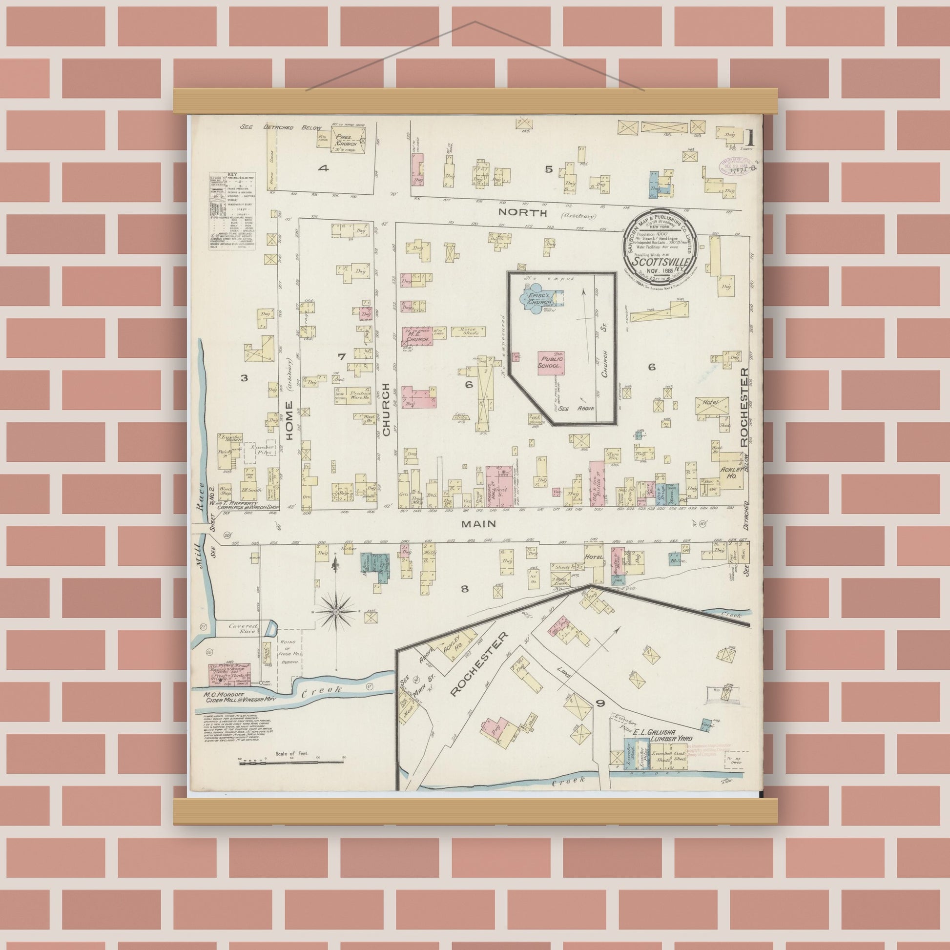 Old map wall art mockup — magnetic wood frame on brick wall — Sanborn Fire Insurance Map from Scottsville, Monroe County, New York (1885), Sheet #0001