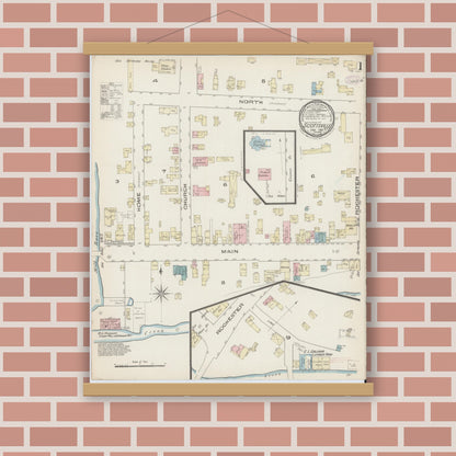 Old map wall art mockup — magnetic wood frame on brick wall — Sanborn Fire Insurance Map from Scottsville, Monroe County, New York (1885), Sheet #0001