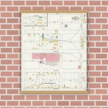 Old map wall art mockup — magnetic wood frame on brick wall — Sanborn Fire Insurance Map from Brownsville, Cameron County, Texas (1906), Sheet #0007