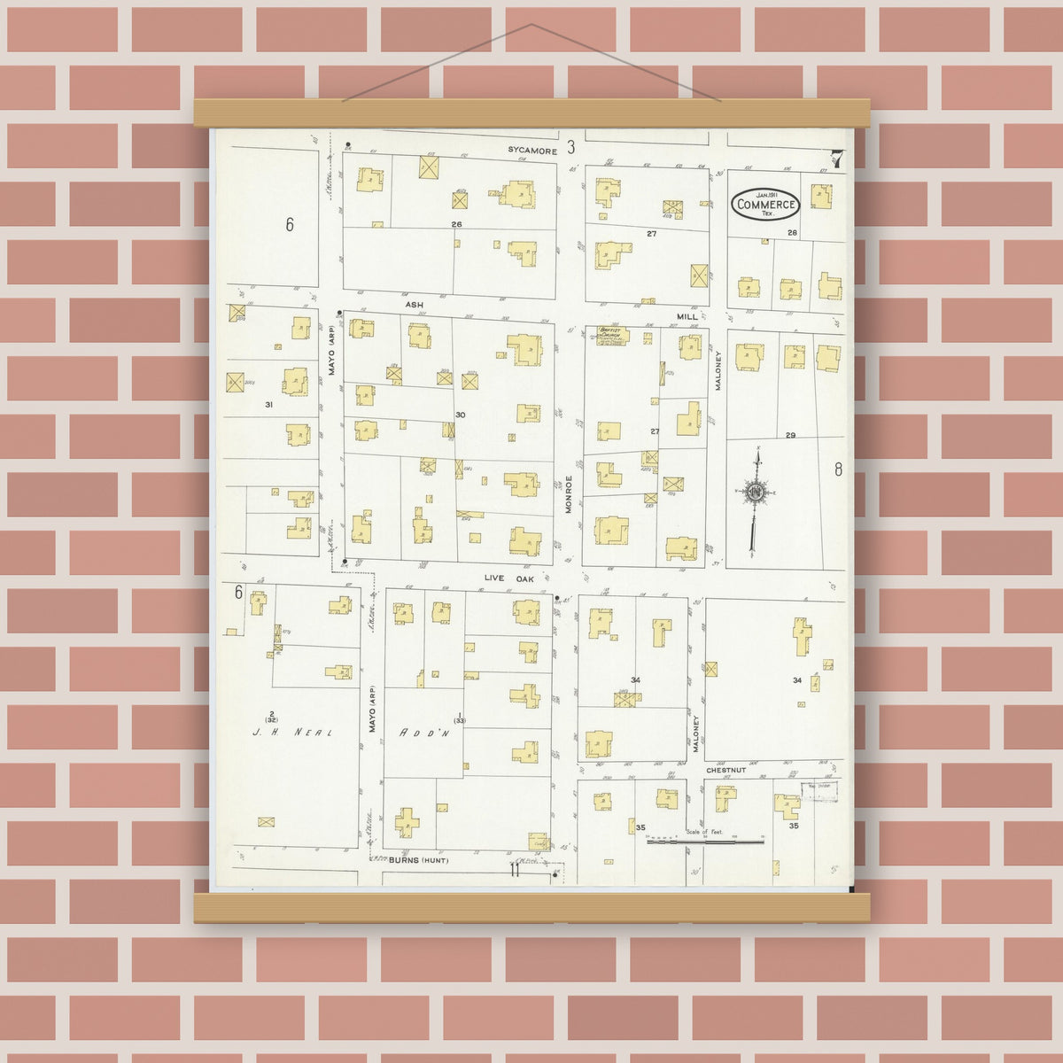 Old map wall art mockup — magnetic wood frame on brick wall — Sanborn Fire Insurance Map from Commerce, Hunt County, Texas (1911), Sheet #0007