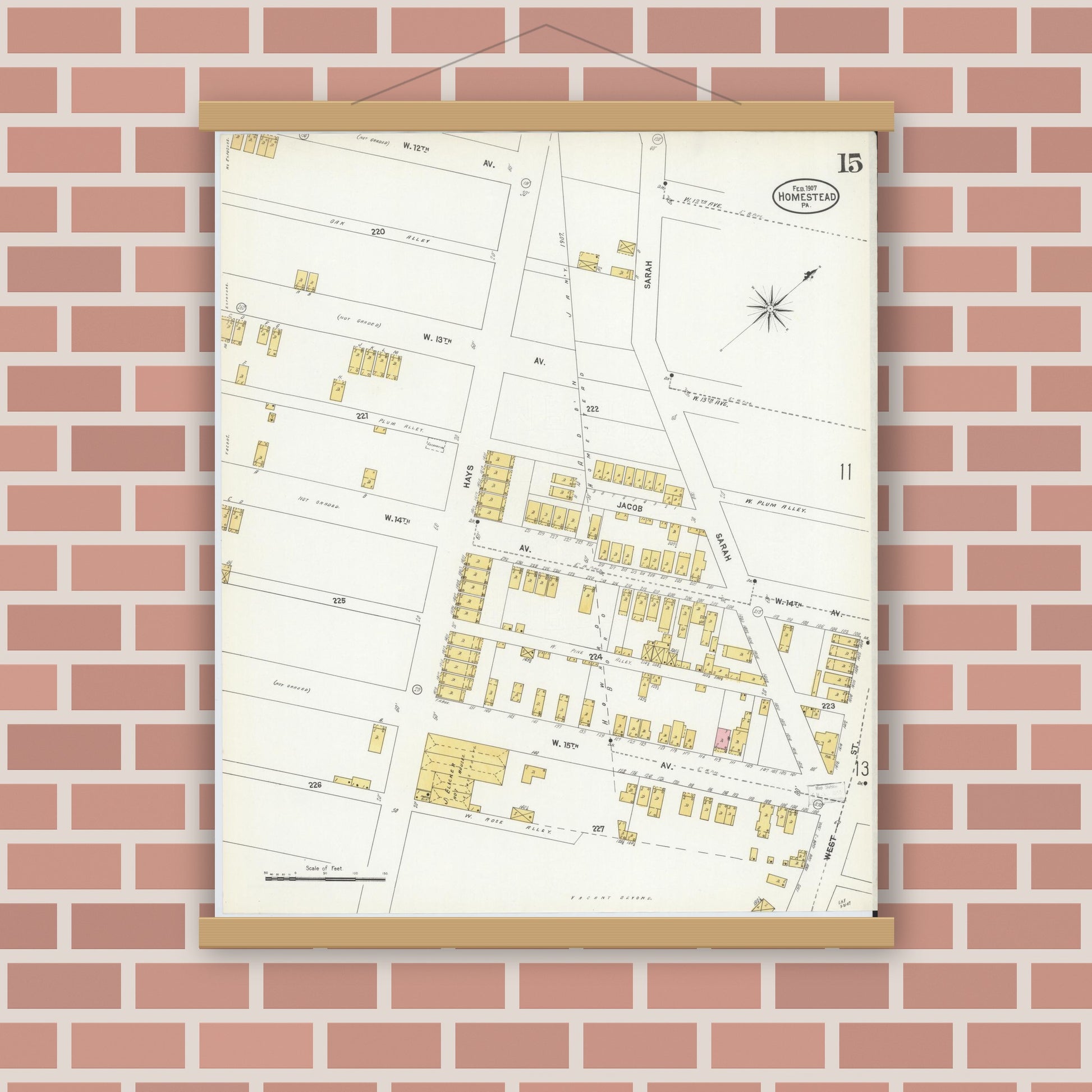 Old map wall art mockup — magnetic wood frame on brick wall — Sanborn Fire Insurance Map from Homestead, Allegheny County, Pennsylvania (1907), Sheet #0015