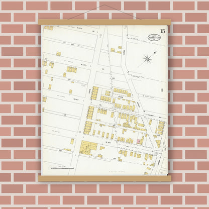 Old map wall art mockup — magnetic wood frame on brick wall — Sanborn Fire Insurance Map from Homestead, Allegheny County, Pennsylvania (1907), Sheet #0015
