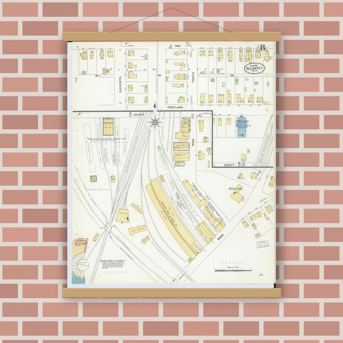 Old map wall art mockup — magnetic wood frame on brick wall — Sanborn Fire Insurance Map from Red Jacket, Houghton County, Michigan (1908), Sheet #0008