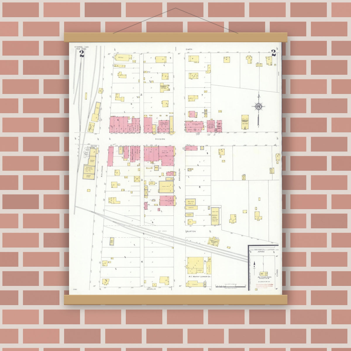 Old map wall art mockup — magnetic wood frame on brick wall — Sanborn Fire Insurance Map from Higbee, Randolph County, Missouri (1933), Sheet #0002