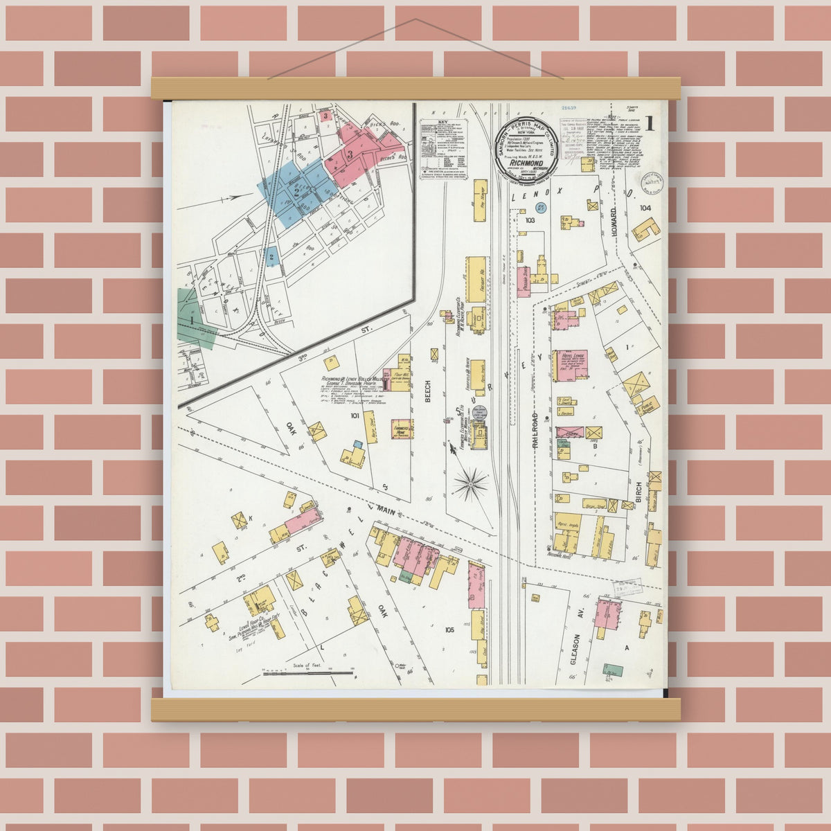 Old map wall art mockup — magnetic wood frame on brick wall — Sanborn Fire Insurance Map from Richmond, Macomb County, Michigan (1900), Sheet #0001