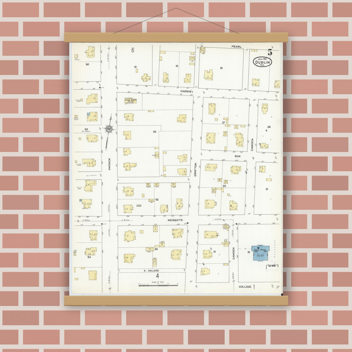 Old map wall art mockup — magnetic wood frame on brick wall — Sanborn Fire Insurance Map from Dublin, Erath County, Texas (1912), Sheet #0005