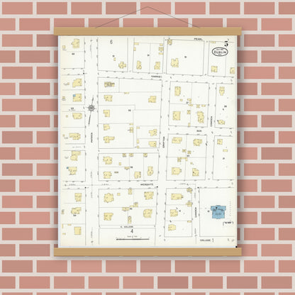 Old map wall art mockup — magnetic wood frame on brick wall — Sanborn Fire Insurance Map from Dublin, Erath County, Texas (1912), Sheet #0005