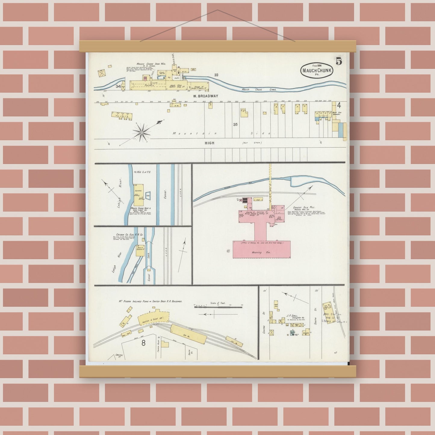 Old map wall art mockup — magnetic wood frame on brick wall — Sanborn Fire Insurance Map from Mauch Chunk, Carbon County, Pennsylvania (1896), Sheet #0005