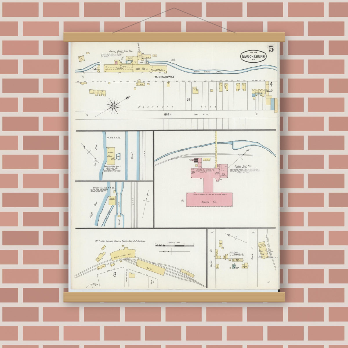 Old map wall art mockup — magnetic wood frame on brick wall — Sanborn Fire Insurance Map from Mauch Chunk, Carbon County, Pennsylvania (1896), Sheet #0005