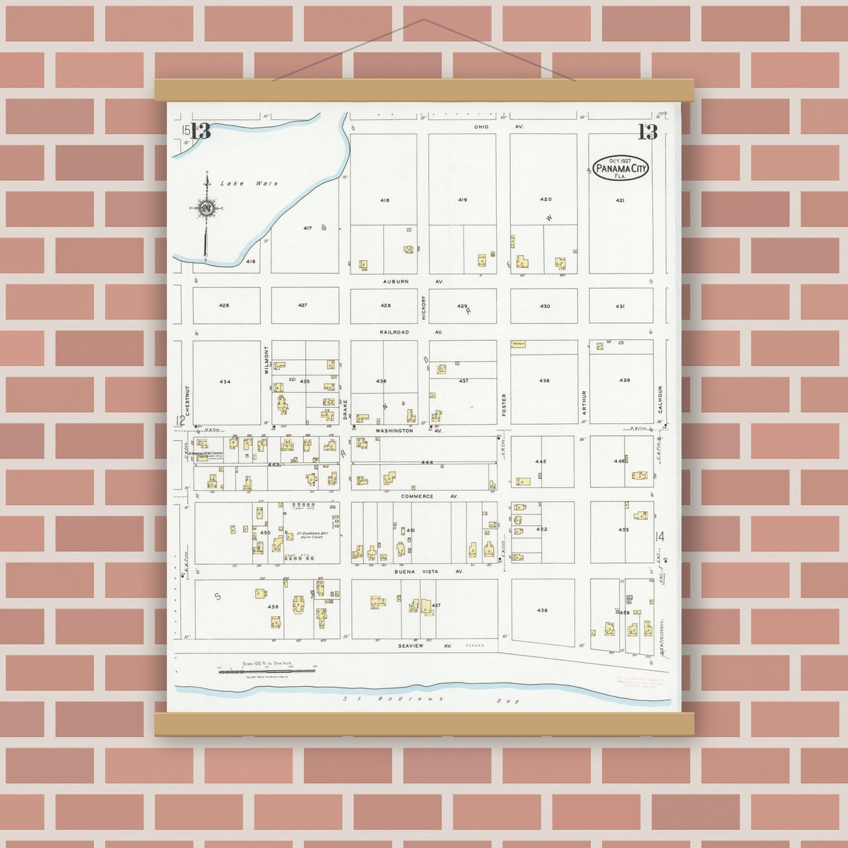 Old map wall art mockup — magnetic wood frame on brick wall — Sanborn Fire Insurance Map from Panama City, Bay County, Florida (1927), Sheet #0013