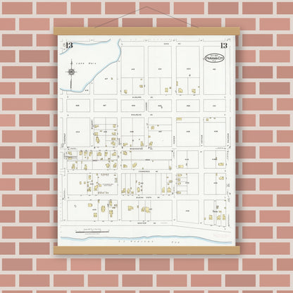 Old map wall art mockup — magnetic wood frame on brick wall — Sanborn Fire Insurance Map from Panama City, Bay County, Florida (1927), Sheet #0013