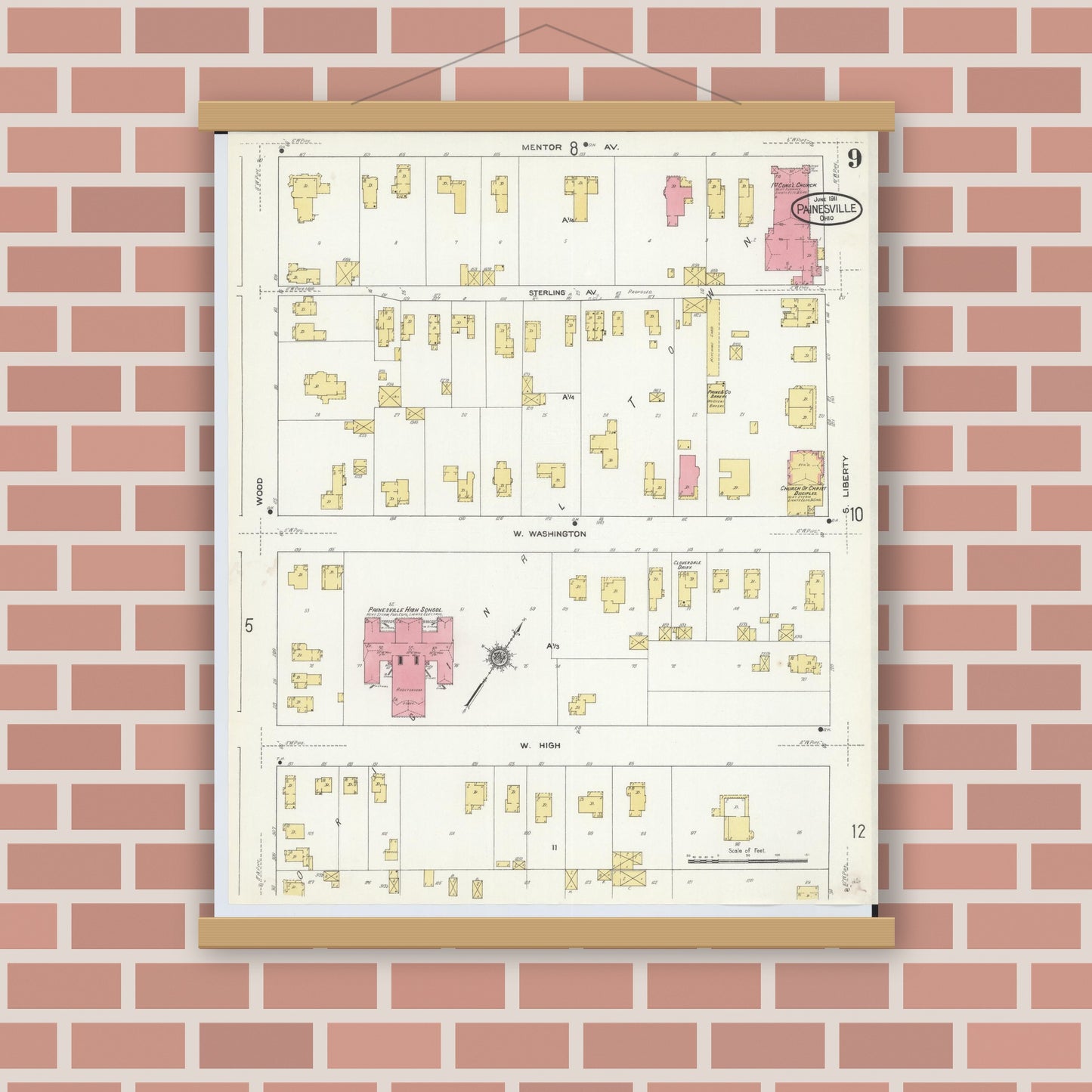 Old map wall art mockup — magnetic wood frame on brick wall — Sanborn Fire Insurance Map from Painesville, Lake County, Ohio (1911), Sheet #0009