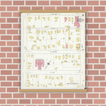 Old map wall art mockup — magnetic wood frame on brick wall — Sanborn Fire Insurance Map from Painesville, Lake County, Ohio (1911), Sheet #0009
