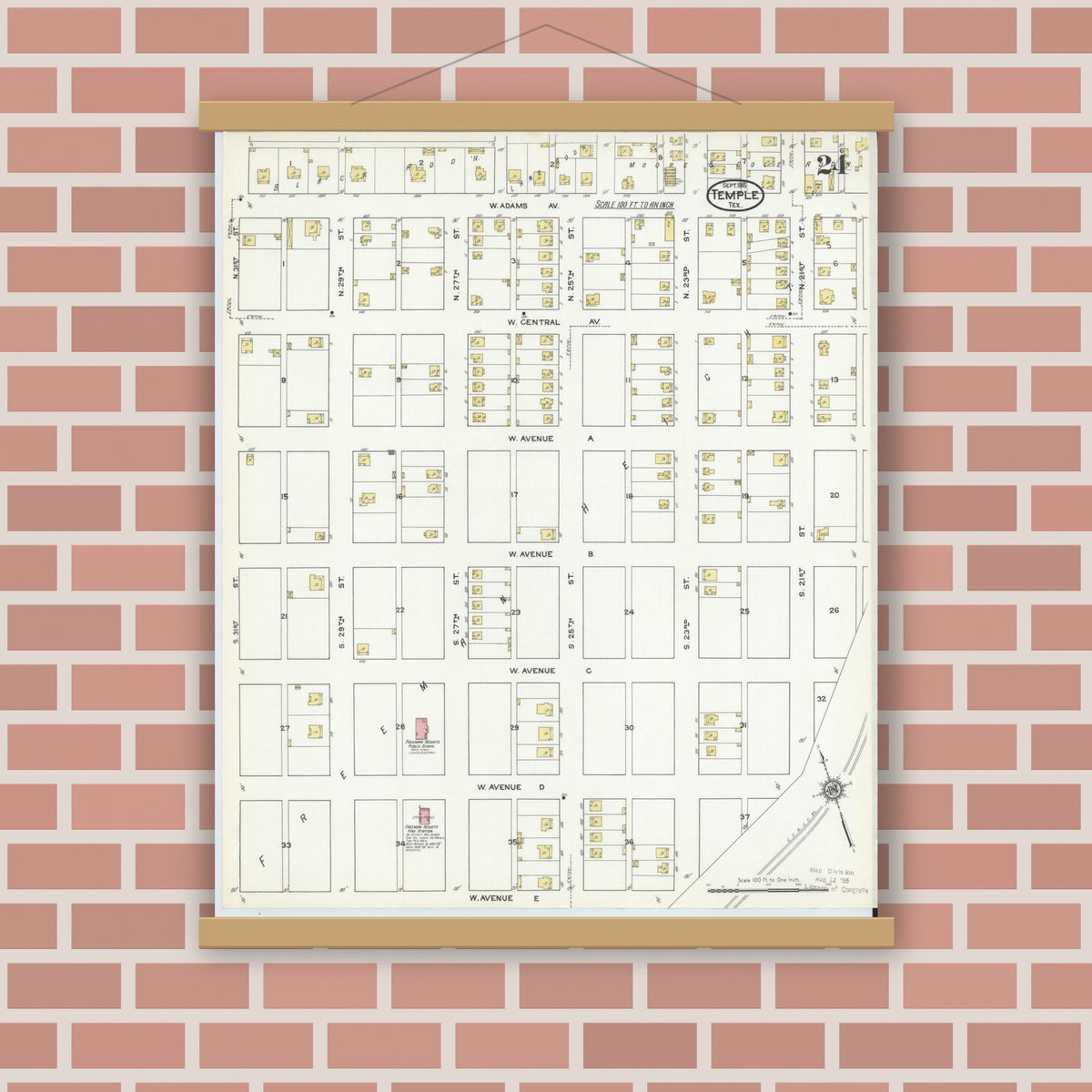Old map wall art mockup — magnetic wood frame on brick wall — Sanborn Fire Insurance Map from Temple, Bell County, Texas (1915), Sheet #0024